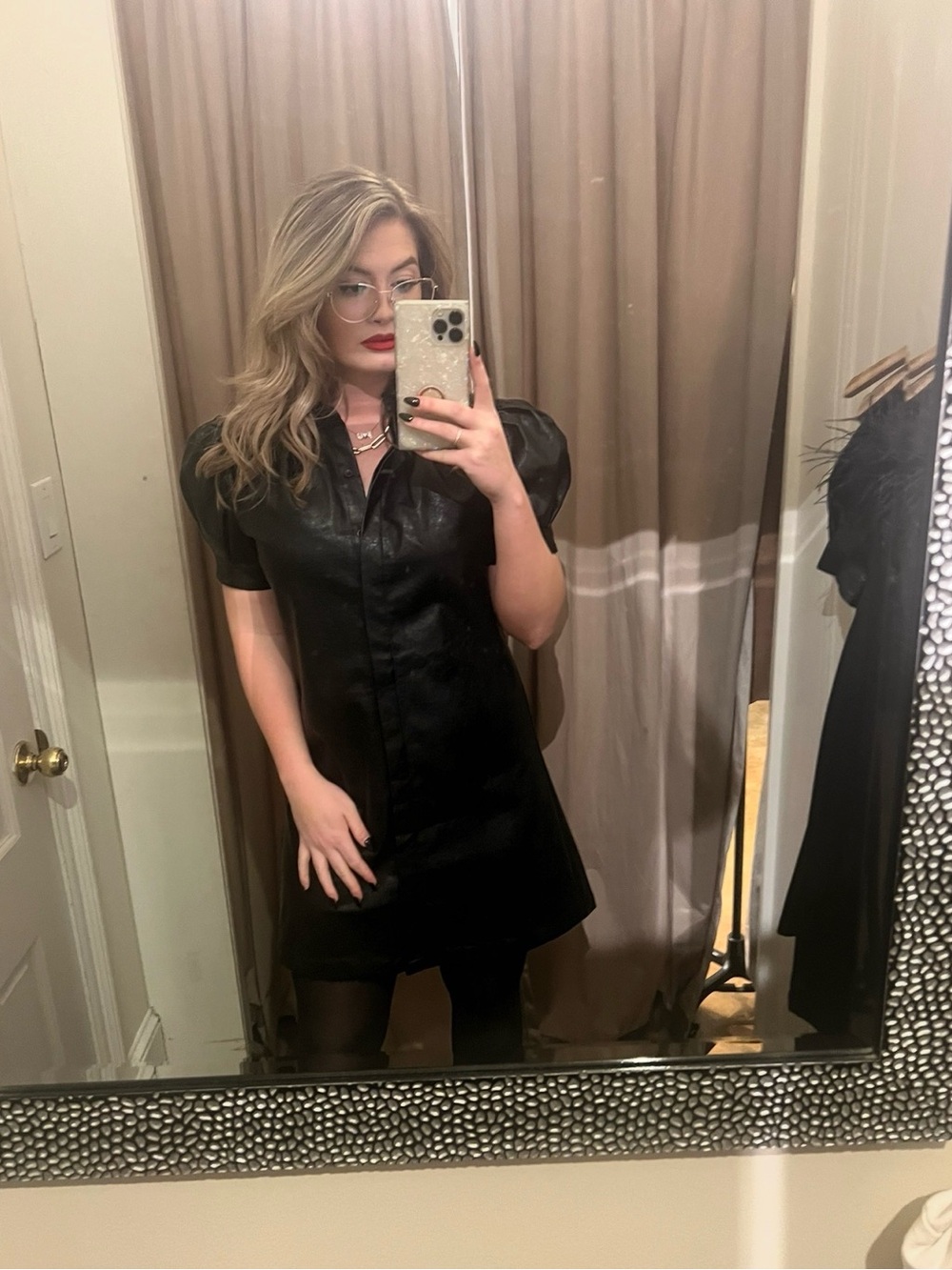 Moodie Black Puff-Sleeve Mini Leather Dress